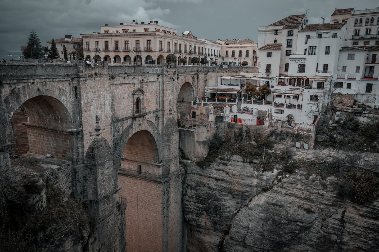 Dramatic view of Ronda's Puente Nuevo bridge over El Tajo gorge in Spain