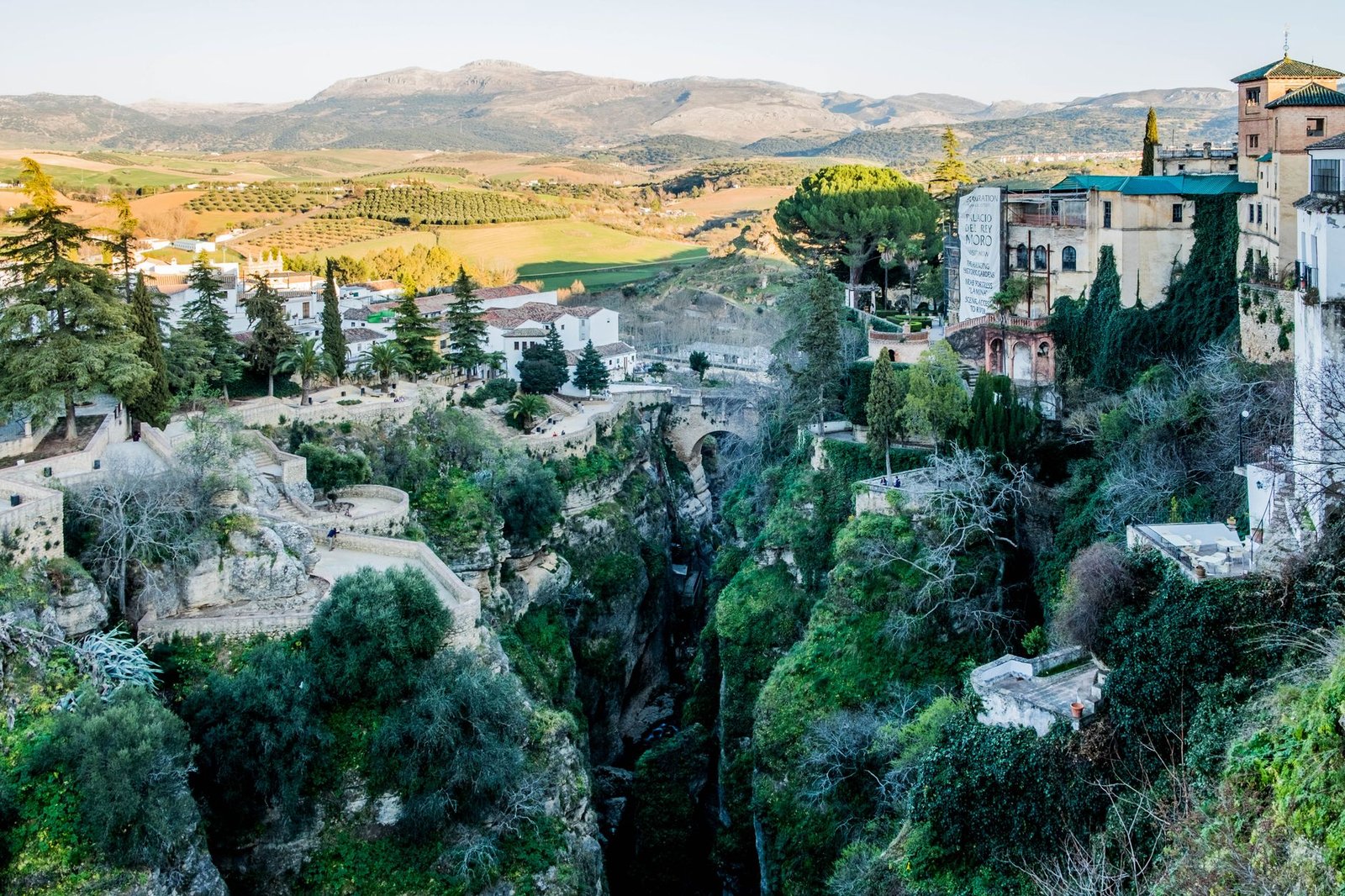 A aerial view of the dramatic landscape and historic buildings of Ronda, Spain