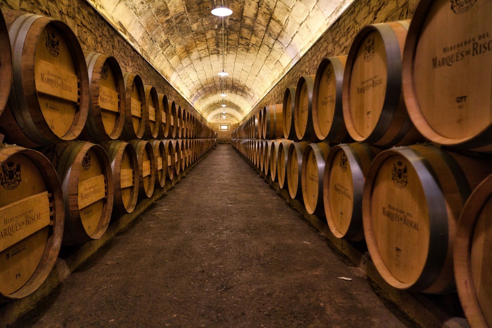 A wine cellar in Elciego, Spain, showcasing rows of wooden barrels under arching stone ceilings