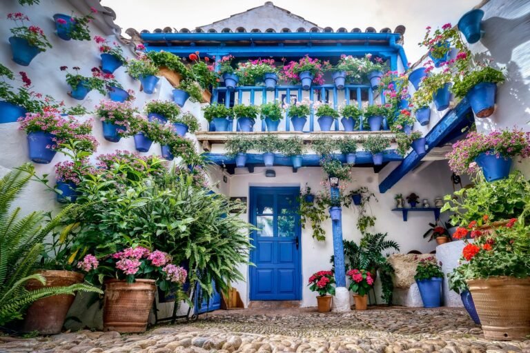 patio in Córdoba with colorful flowers and traditional architecture