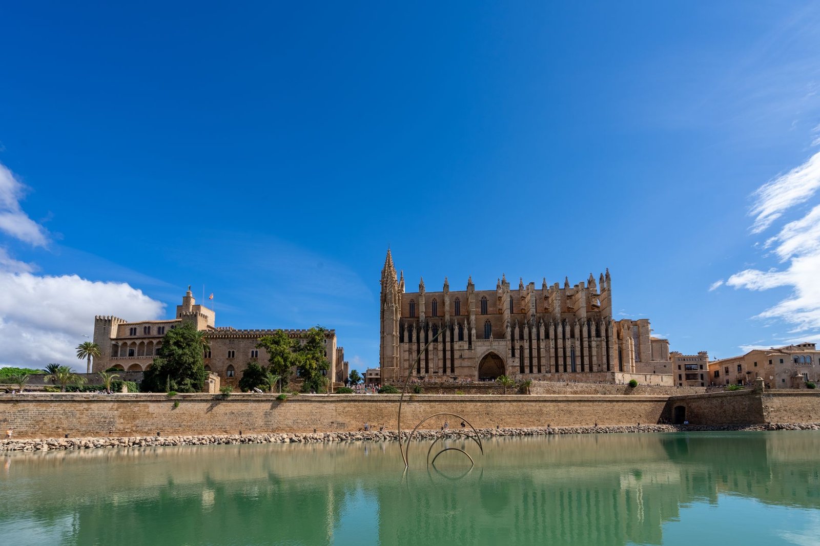 view of La Seu and Almudaina Palace in Palma, reflecting in water