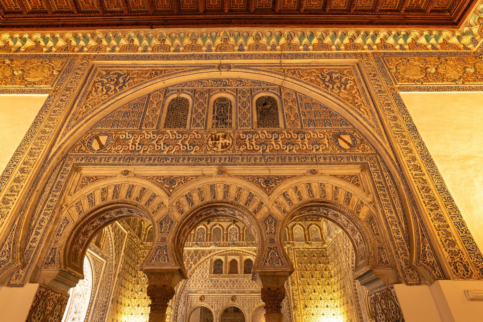 Detailed view of the Moorish architecture in the Alcazar of Seville, Spain