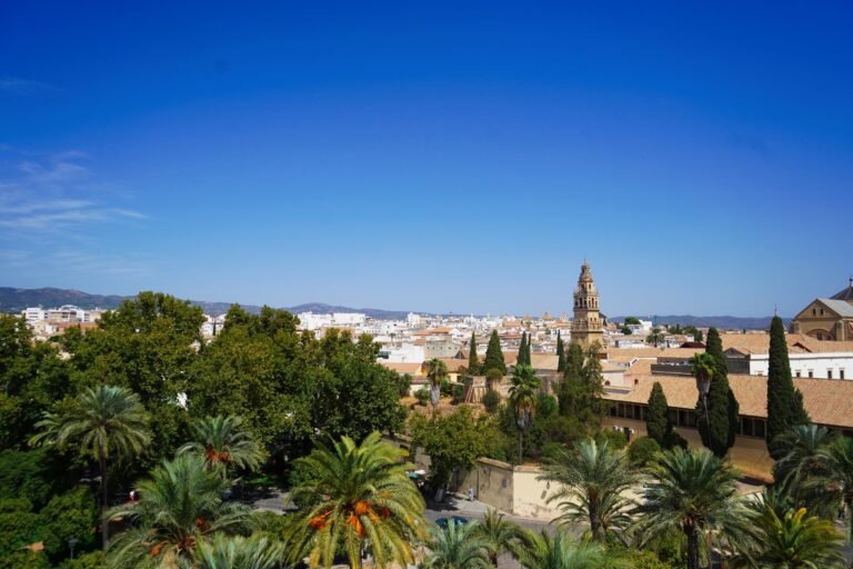 Aerial view of Córdoba, Spain, featuring gardens and historic architecture under a clear blue sky