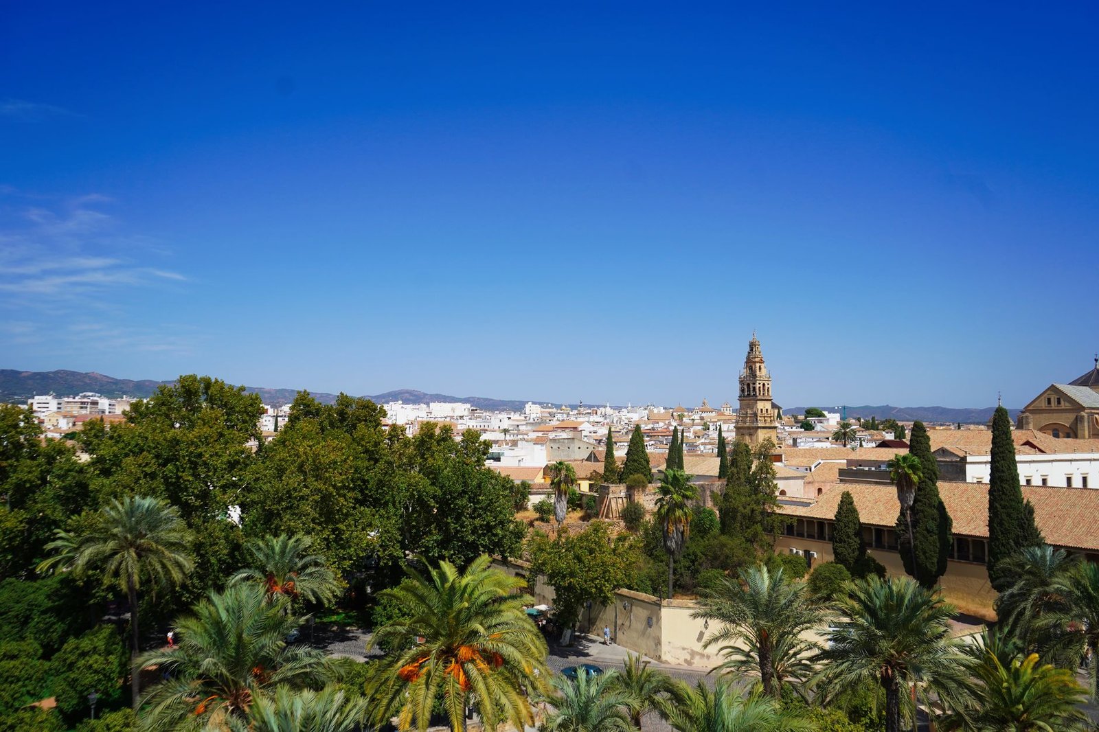 Aerial view of Córdoba, Spain, featuring gardens and historic architecture under a clear blue sky