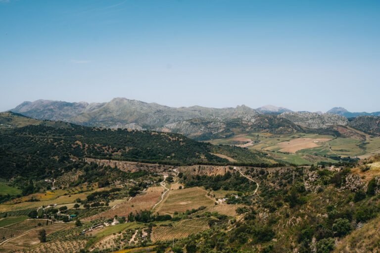 view of Ronda's rolling hills and mountains in Andalusia, Spain