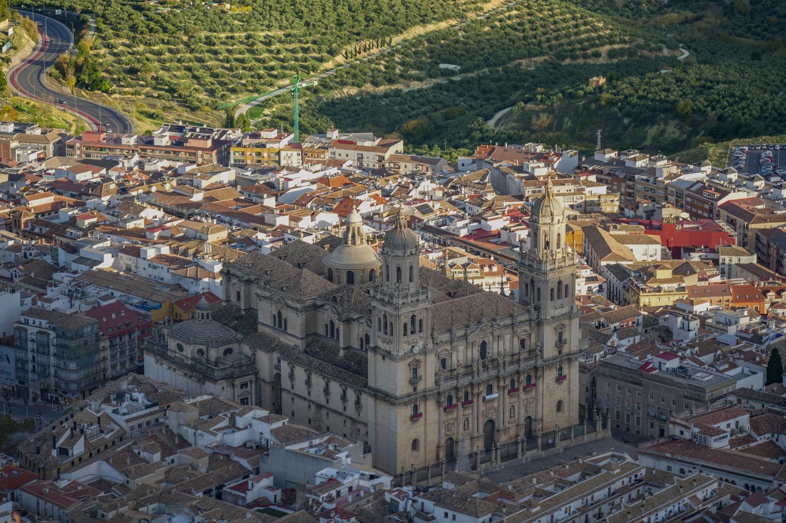 Aerial photo of Jaén's Cathedral in Andalucía, showcasing its architecture and surrounding cityscape