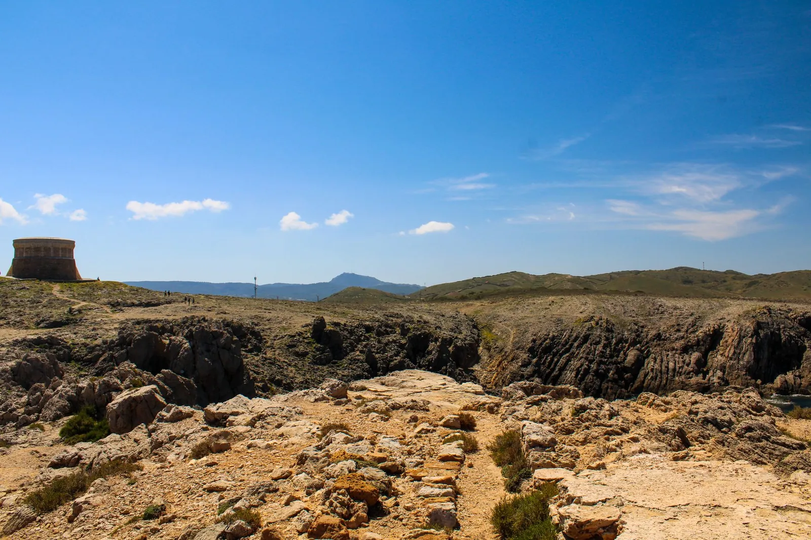 Explore the rocky terrain and iconic Fornelles Tower under a clear blue sky in Menorca, Spain