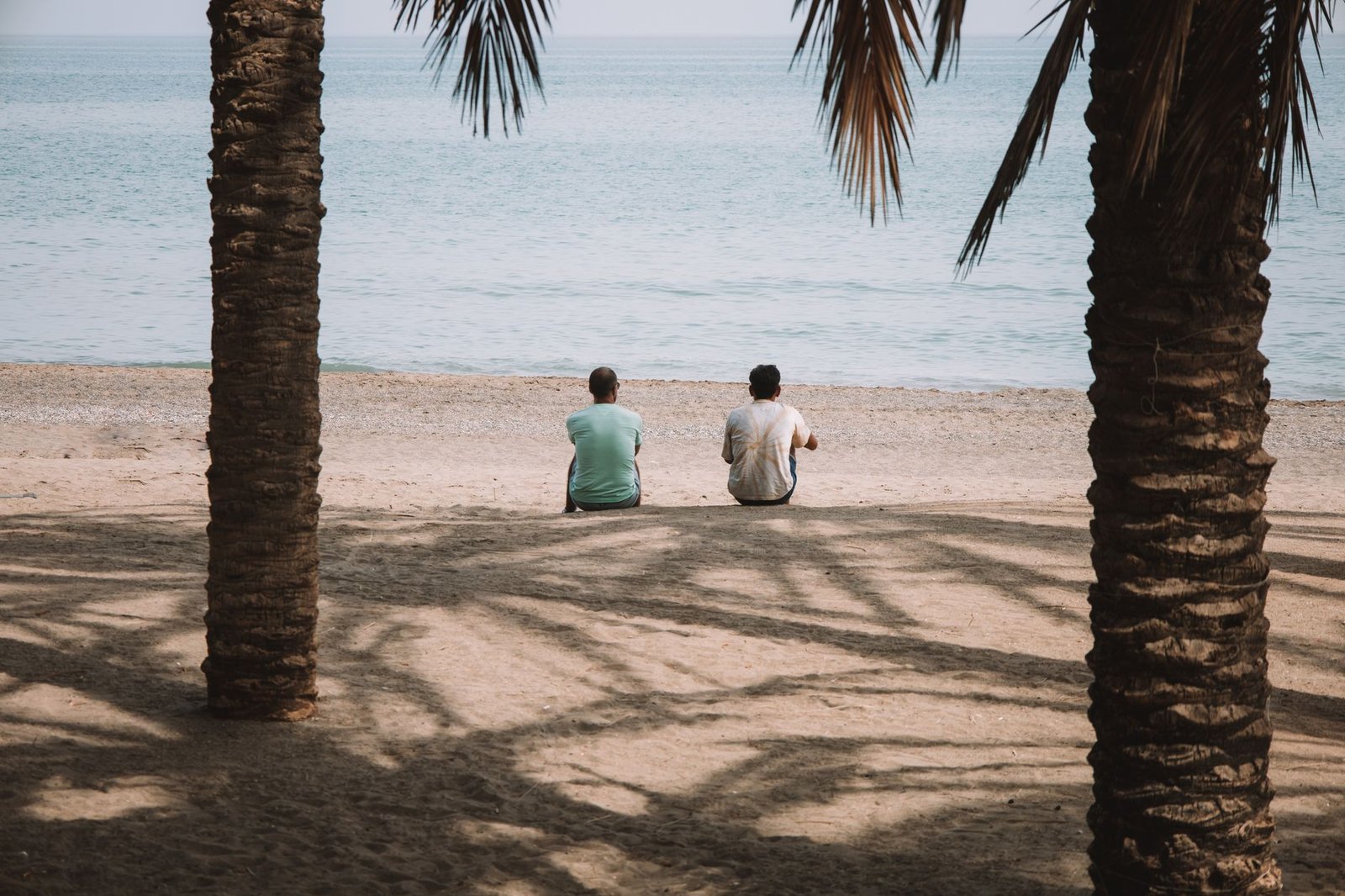Two men sitting on Málaga beach under palm trees, enjoying the sea view
