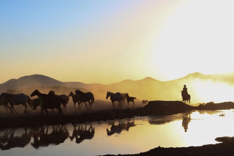 A herd of horses galloping by a river at sunset with a cowboy silhouette, creating a dramatic scene