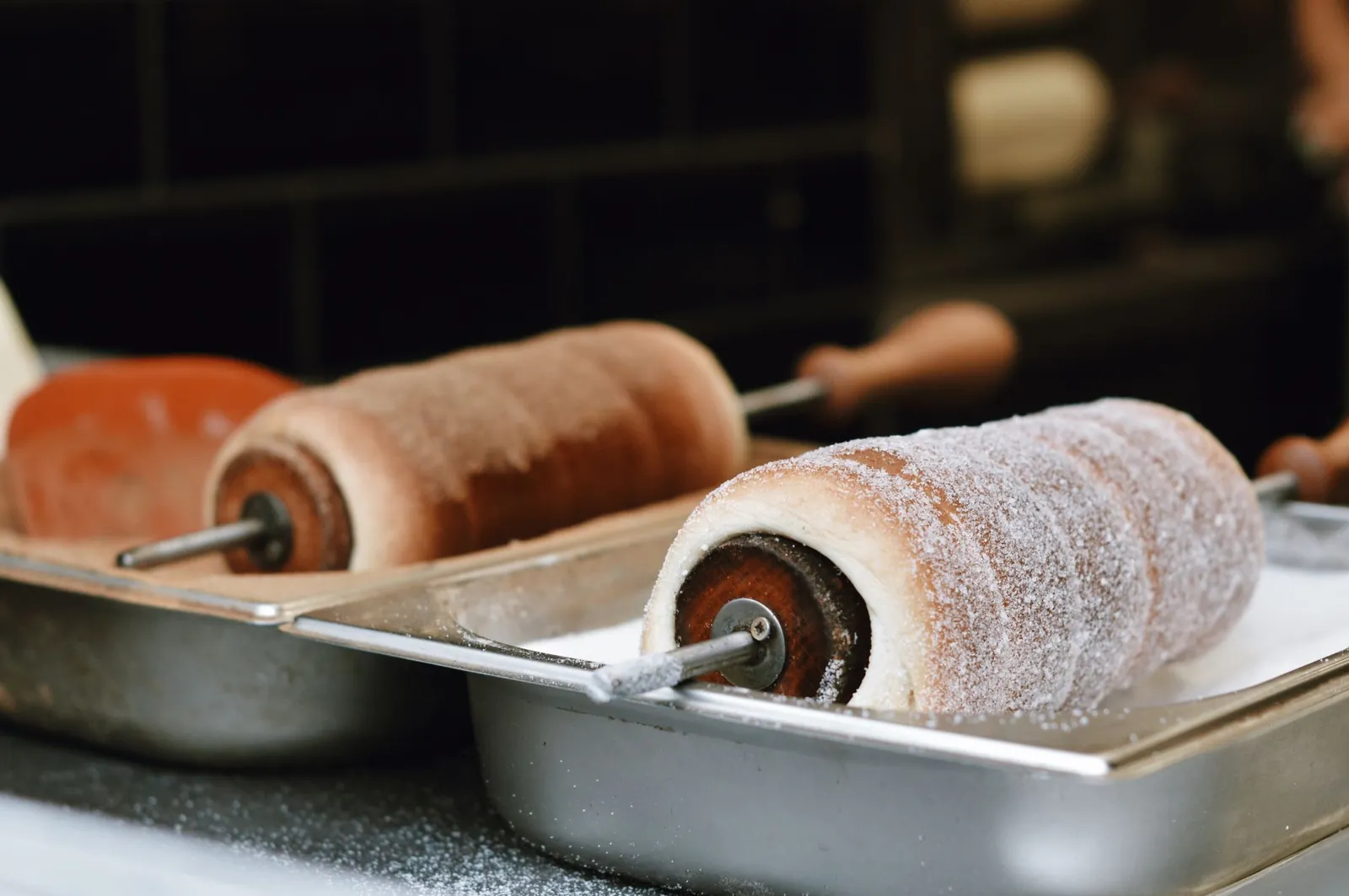 Close-up of freshly made Kürtőskalács, a traditional Hungarian pastry, in Budapest