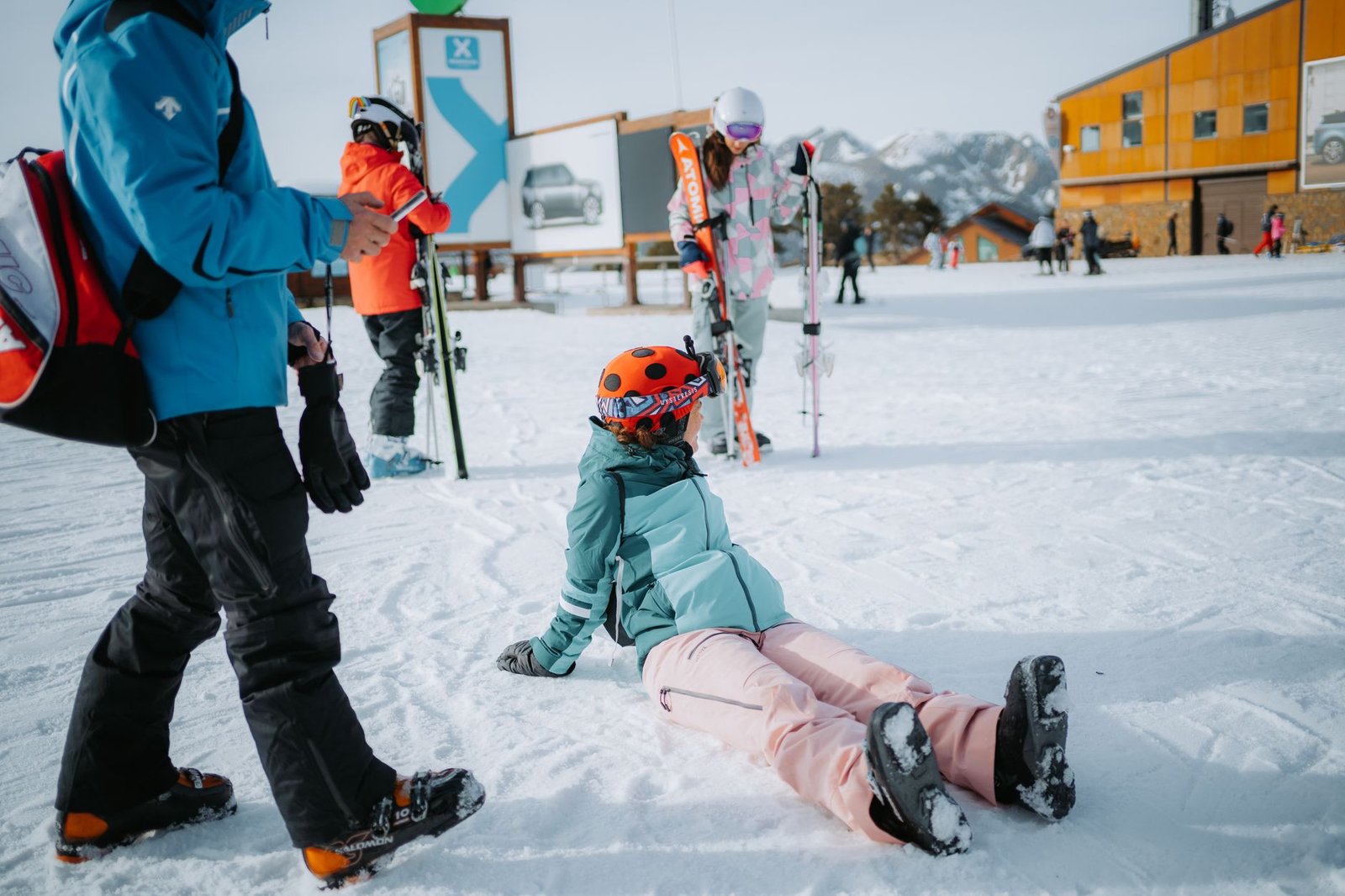 Group of friends enjoying a skiing trip in the snowy mountains. Perfect winter sports adventure