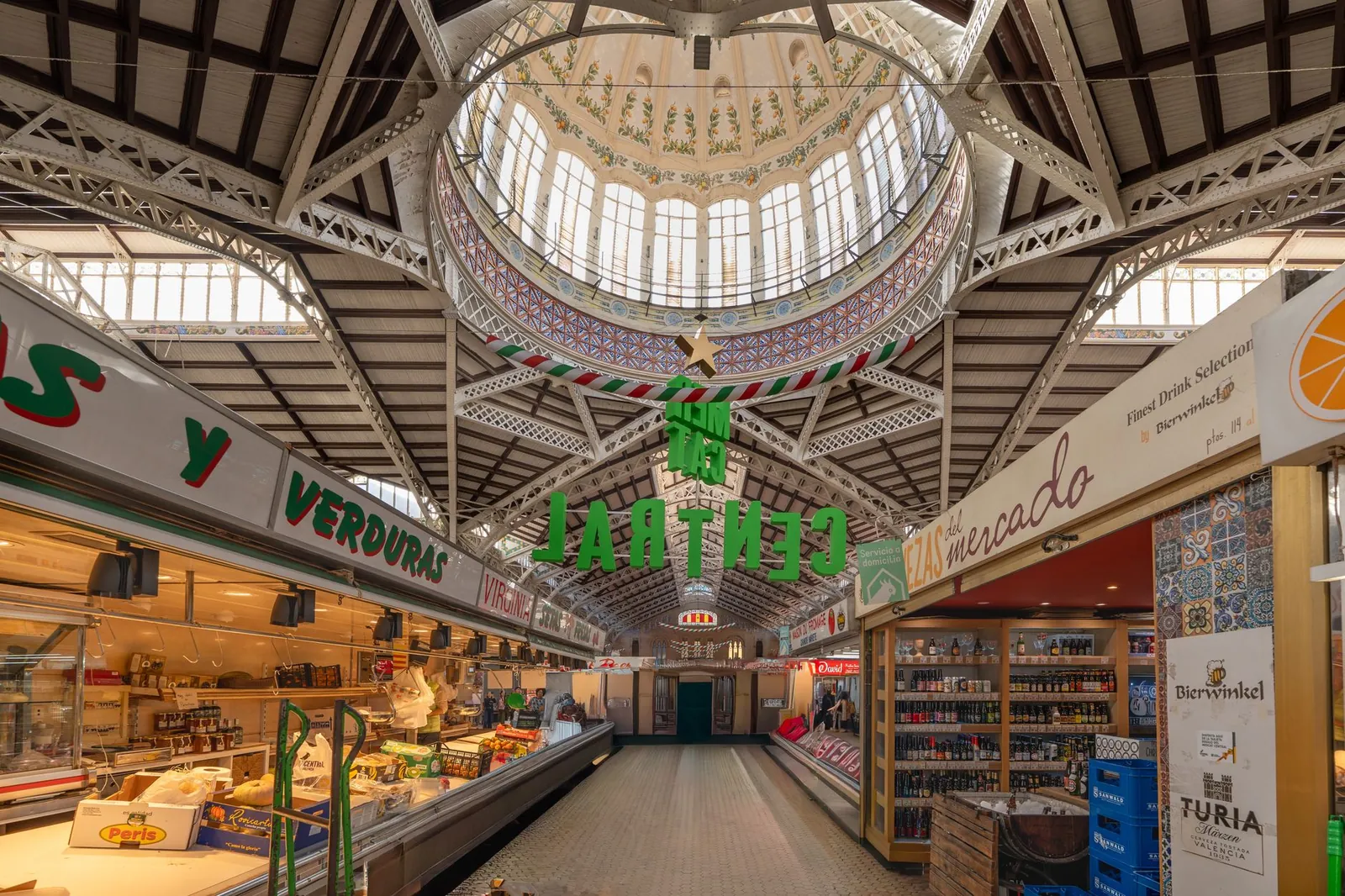Interior view of the historic Valencia Central Market showcasing its architectural details