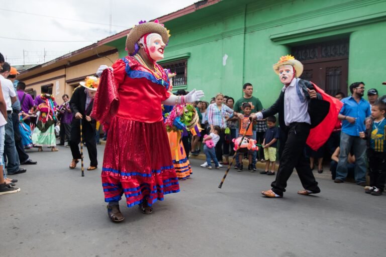 Colorful costumes and traditional dances at the San Sebastian Festival parade in Diriamba, Nicaragua