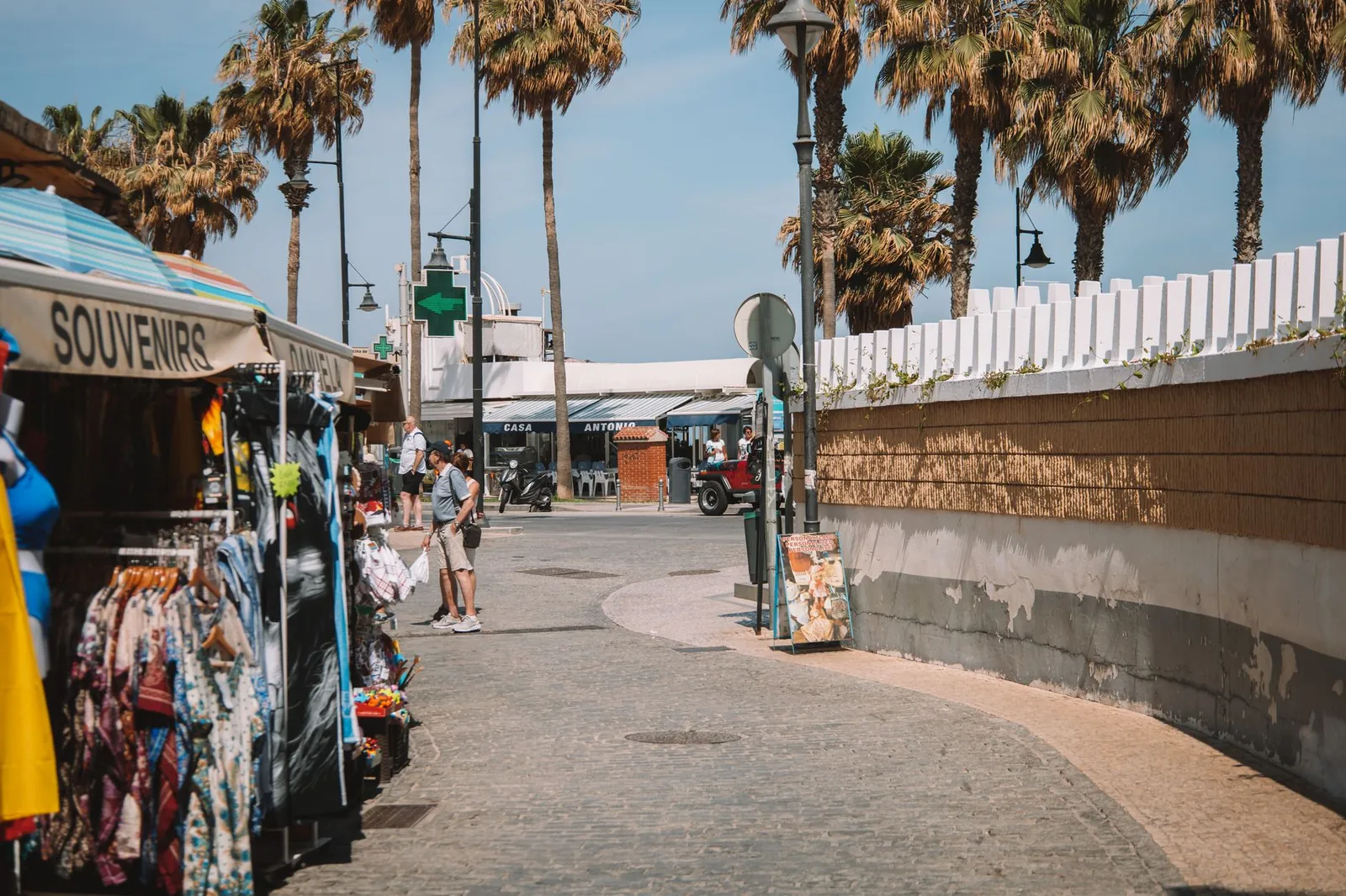 Explore a lively marketplace with souvenir stalls and palm trees in Málaga, Spain's urban streets