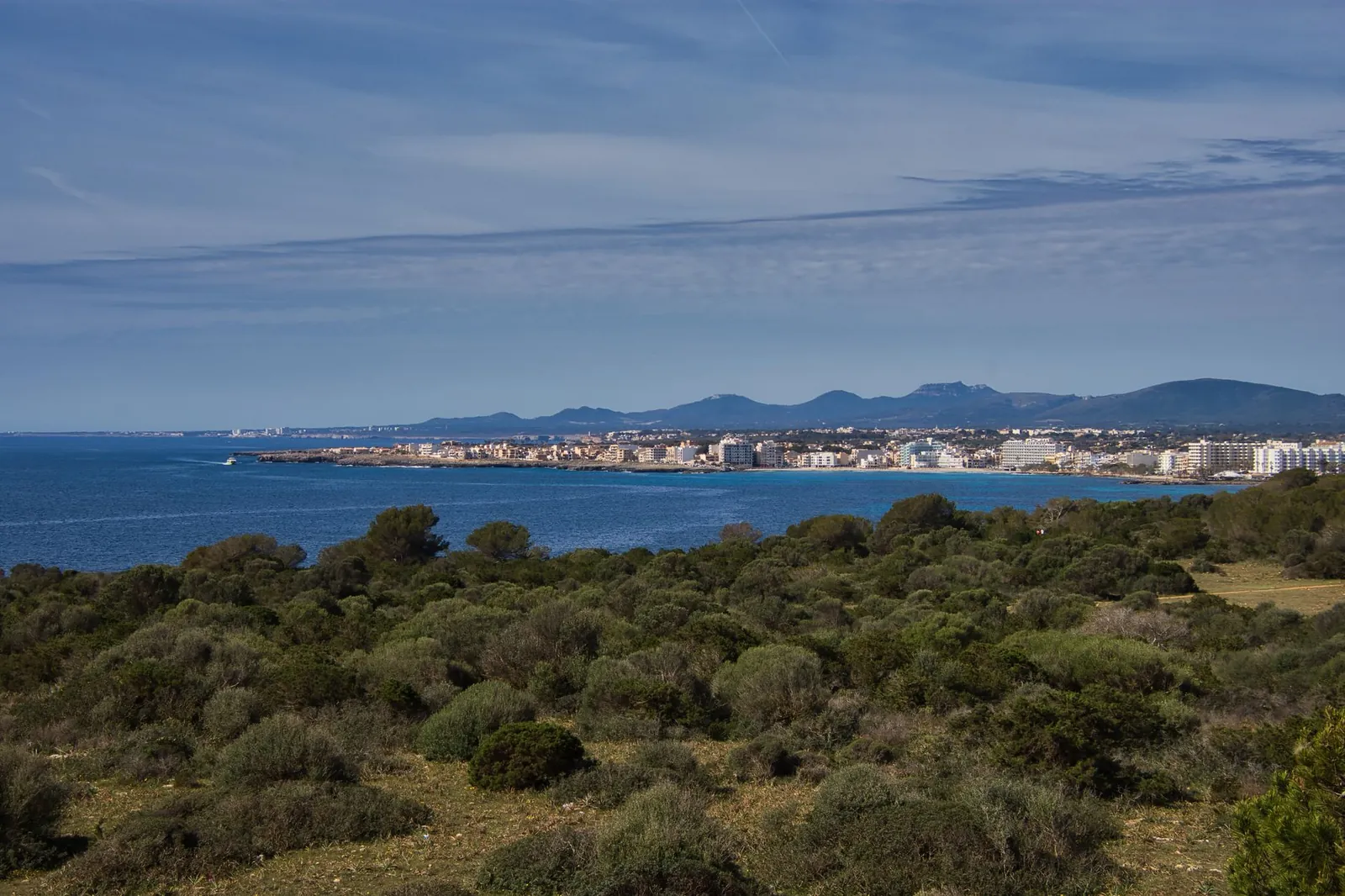 A scenic view of the coastline and town of Sa Coma, Spain with vegetation and clear blue ocean