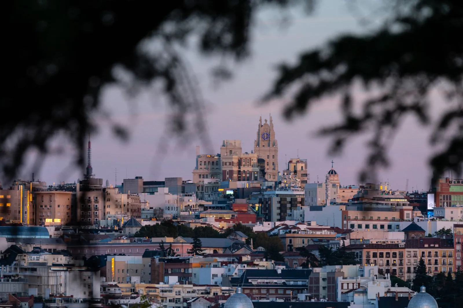 Beautiful cityscape of Madrid, Spain, captured during twilight with iconic landmarks visible